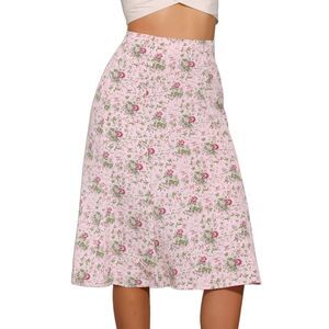 Floral Peasant Elastic Waist A-Line Leave Print Midi Skirt Pink Flower